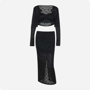 black lace two-piece outfit with crop top and long skirt